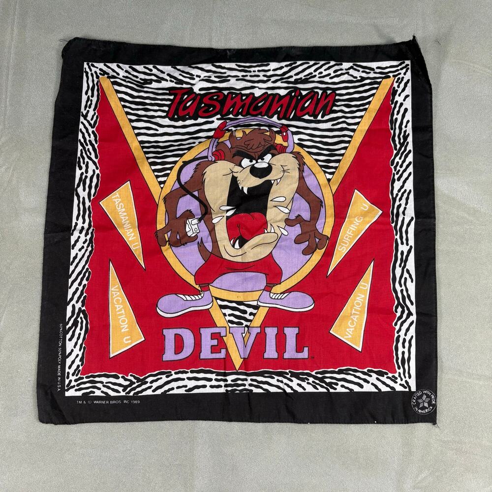 Vintage 1989‎ Looney Tunes Tasmanian Devil Taz Bandana Zebra Print Made in USA